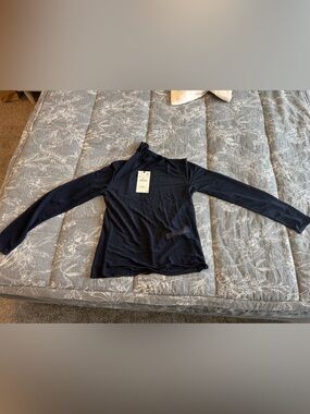 Zara Navy Blue Long Sleeve Sheer Mock Neck Top - Small - BNWT